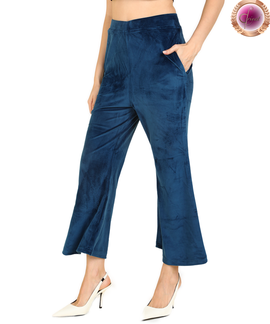 Stretch Velvet Bell Bottoms with Pockets Blue