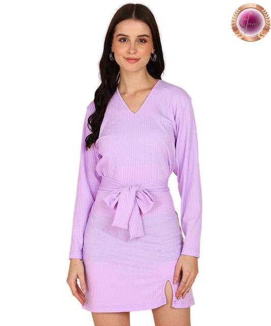 Rib Full Sleeve Bodycon Dress Lavender