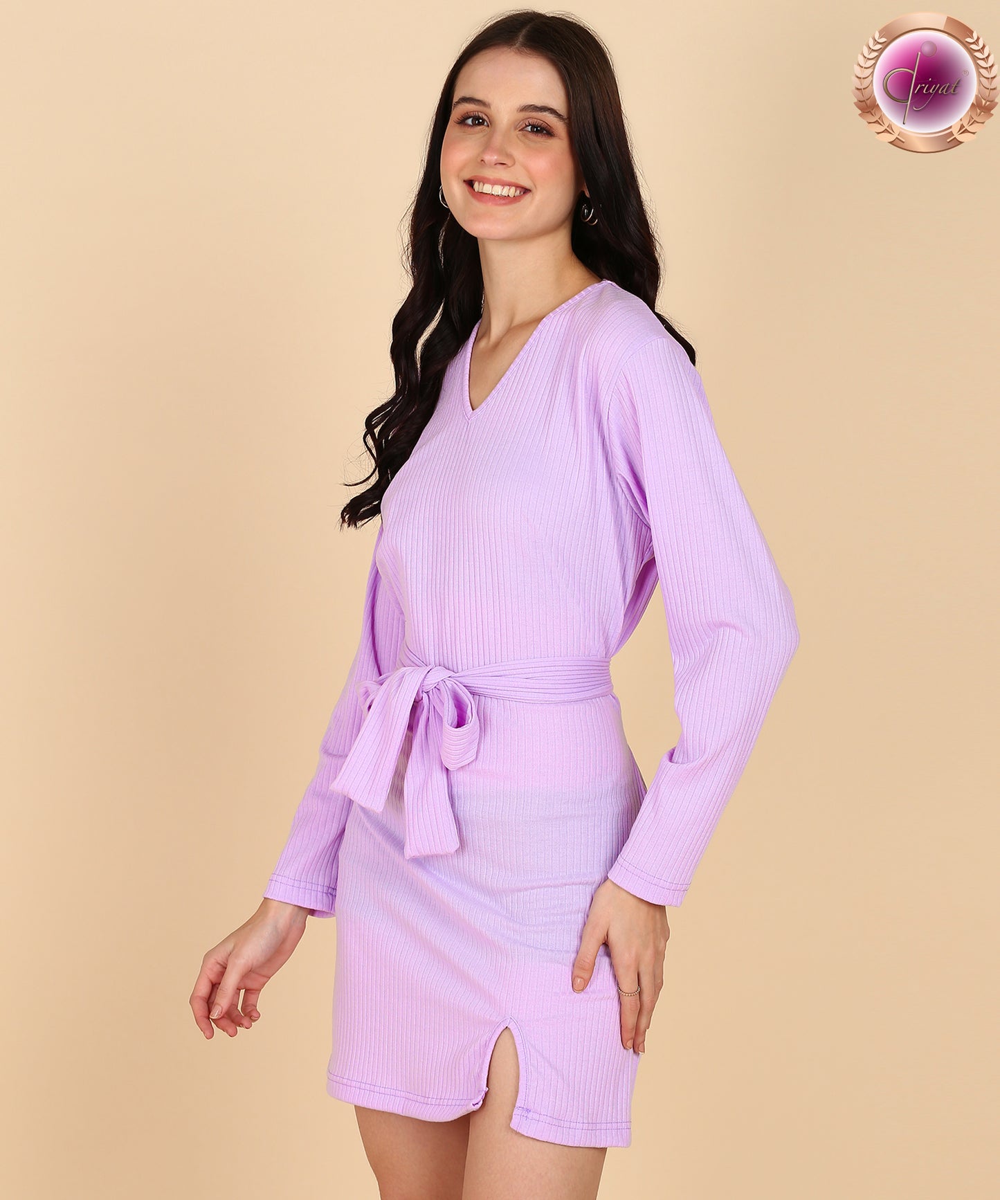 Rib Full Sleeve Bodycon Dress Lavender