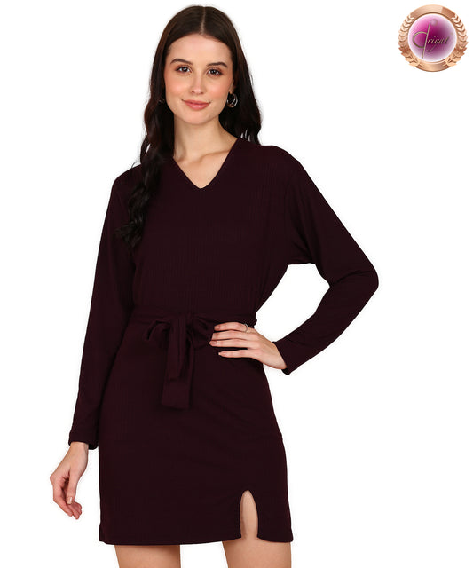 Rib Full Sleeve Bodycon Dress Wine