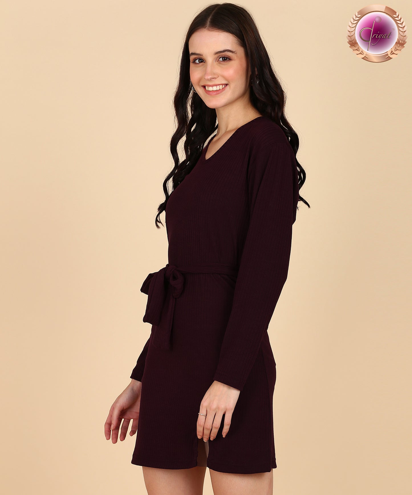 Rib Full Sleeve Bodycon Dress Wine