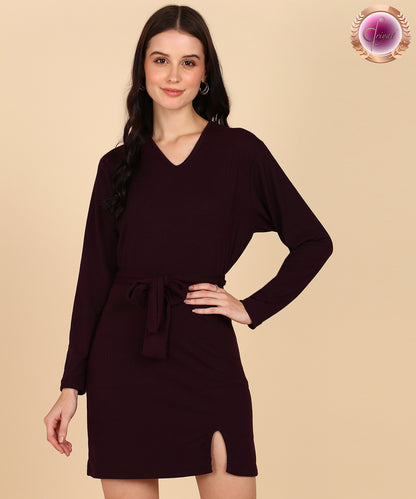 Rib Full Sleeve Bodycon Dress Wine