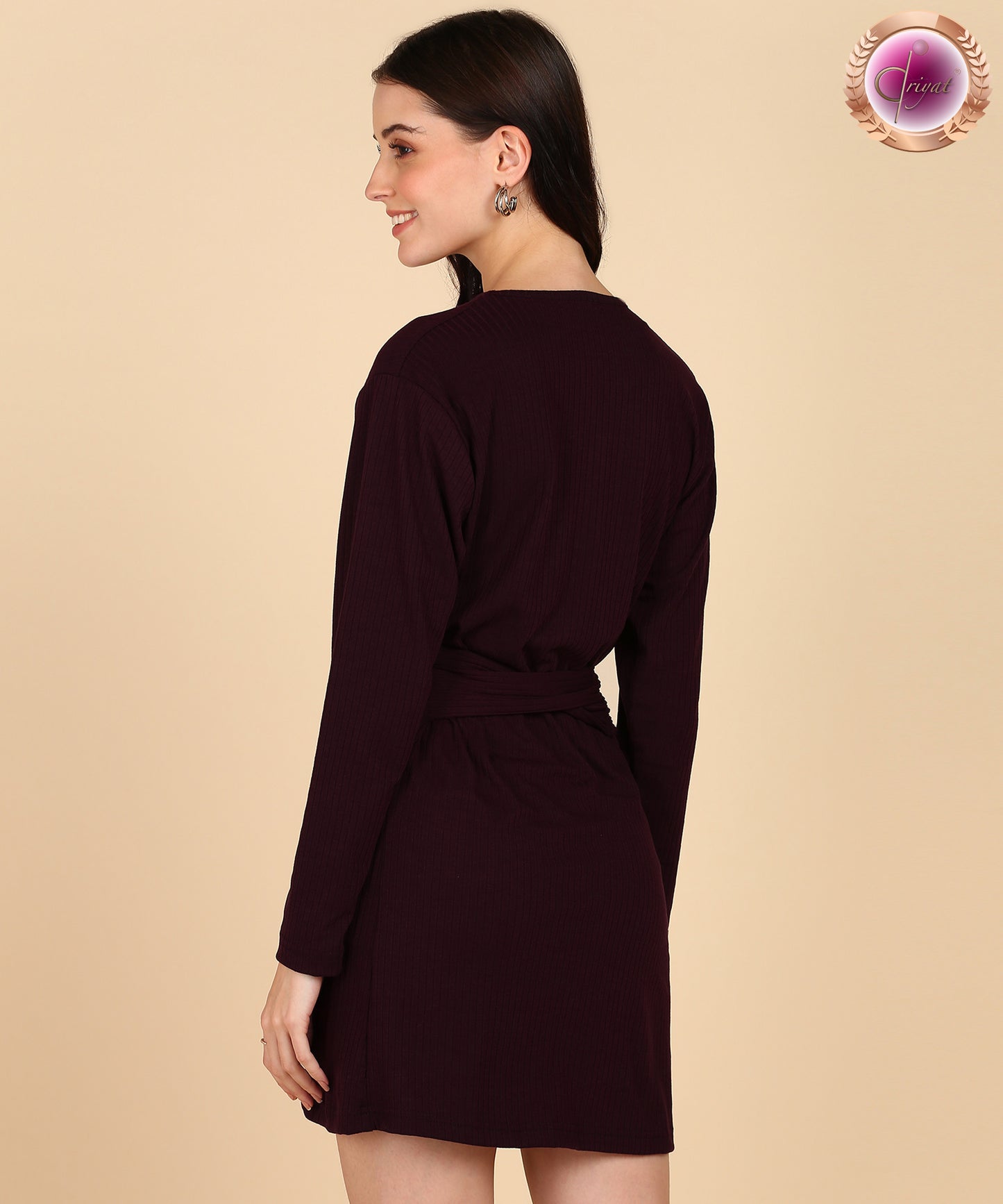 Rib Full Sleeve Bodycon Dress Wine