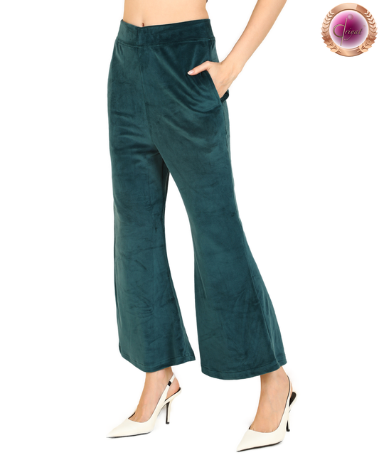 Stretch Velvet Bell Bottoms with Pockets Bottle Green