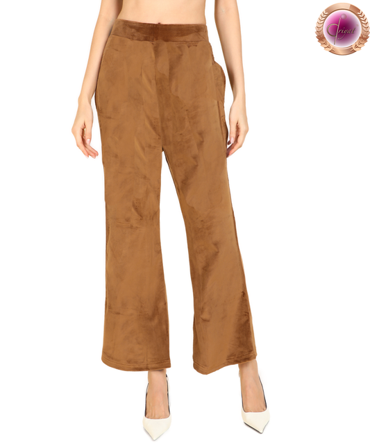 Stretch Velvet Bell Bottoms with Pockets Brown