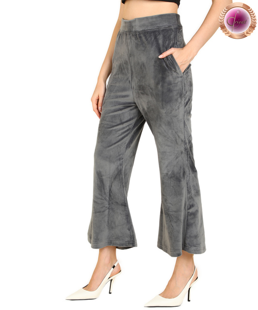 Stretch Velvet Bell Bottoms with Pockets Grey