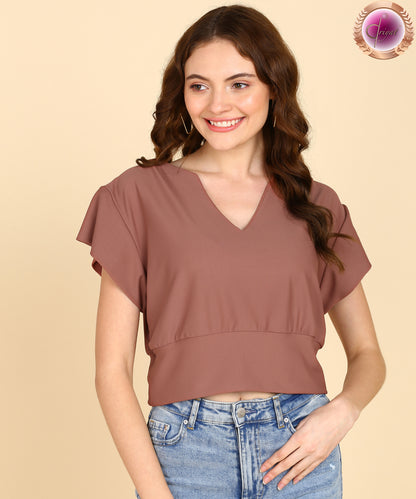 Casual Flared Sleeves Solid Women Brown Top