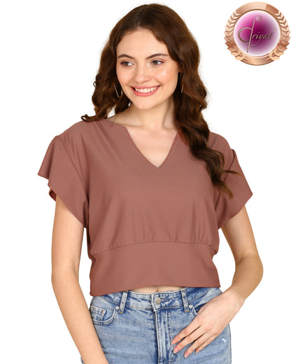 Casual Flared Sleeves Solid Women Brown Top