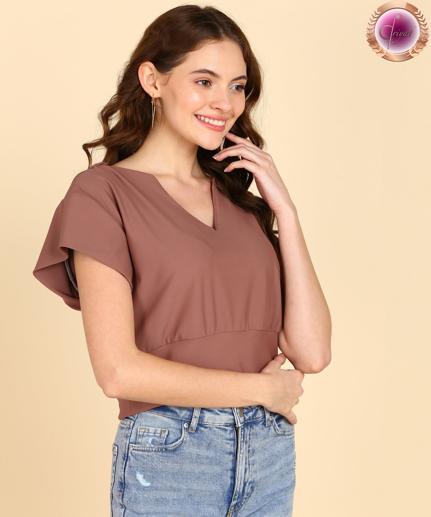 Casual Flared Sleeves Solid Women Brown Top