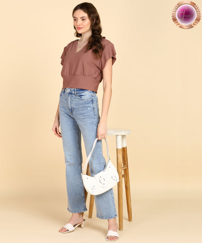 Casual Flared Sleeves Solid Women Brown Top