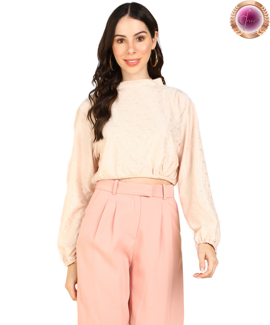 Women High Neck Tie-up Crop Full Sleeve Top Beige