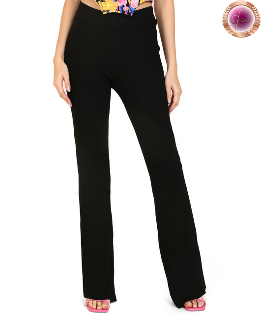 Women Solid Ribbed Knitted Lounge Pants Black